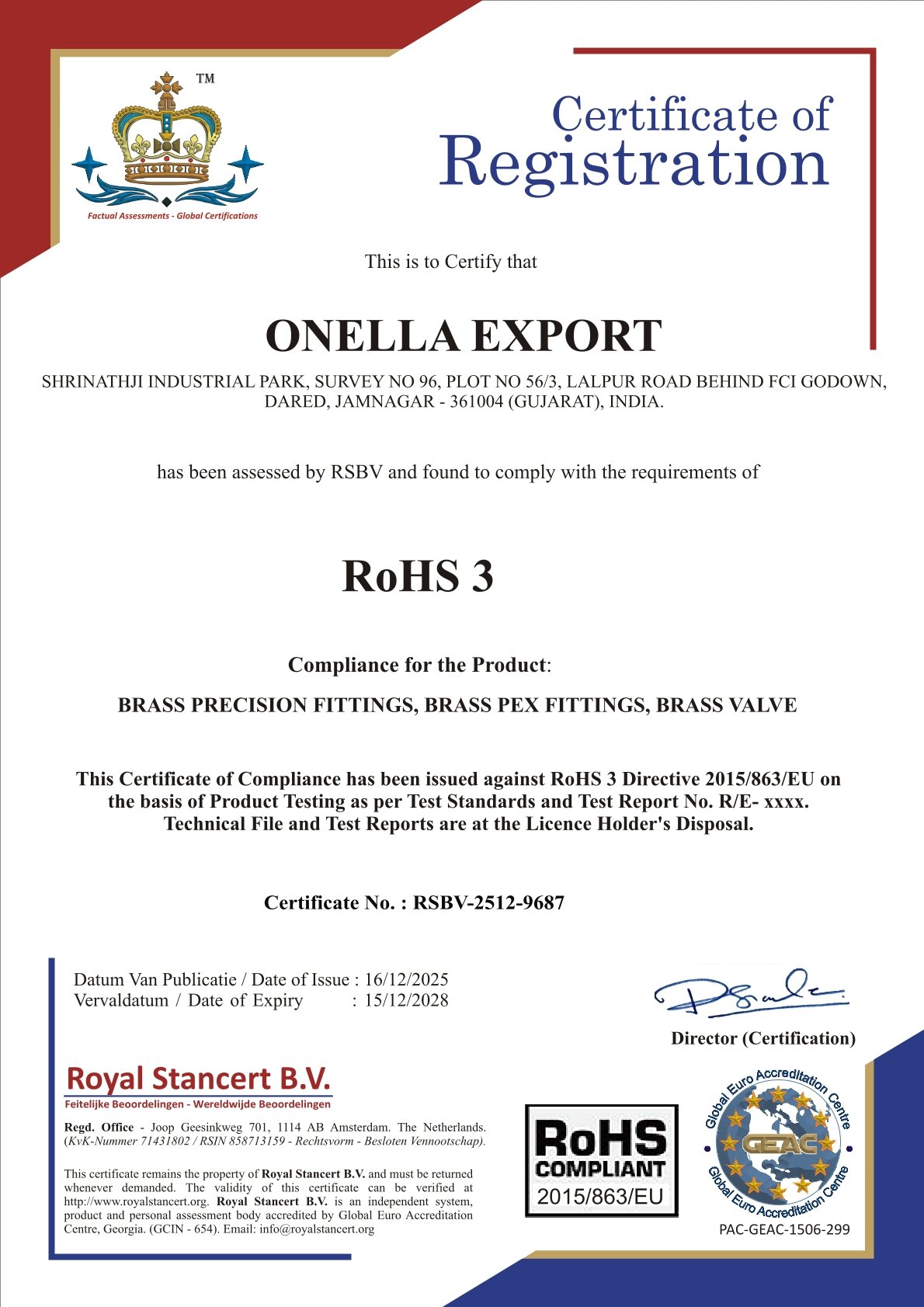 ONELLA EXPORT 3 Years RoHS